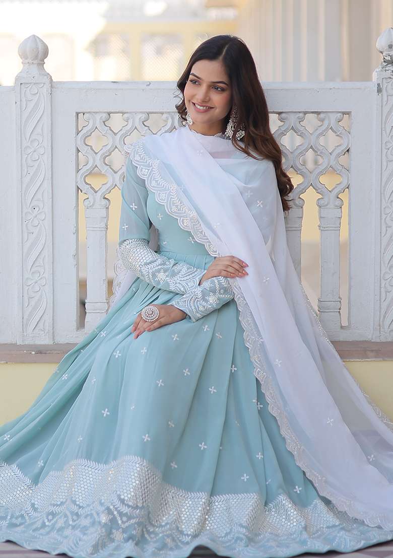 Sea Green Embroidered Faux Georgette Anarkali With Dupatta - Indya
