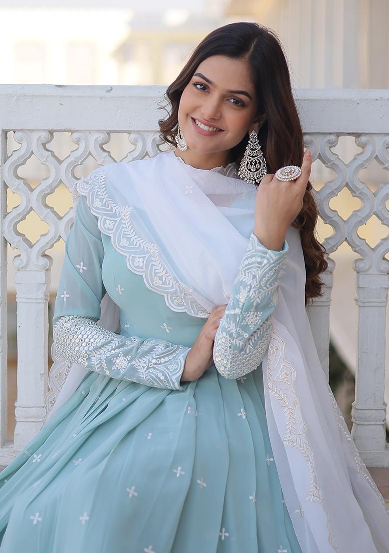 Sea Green Embroidered Faux Georgette Anarkali Set