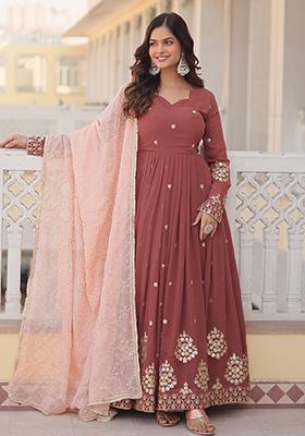 Dusty Rose Pink Embroidered Faux Georgette Anarkali Set
