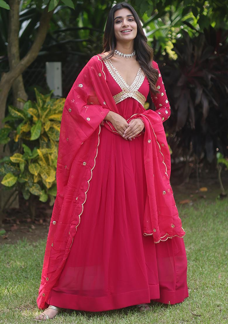 Pink Zari Sequin Embroidered Faux Blooming Anarkali Set