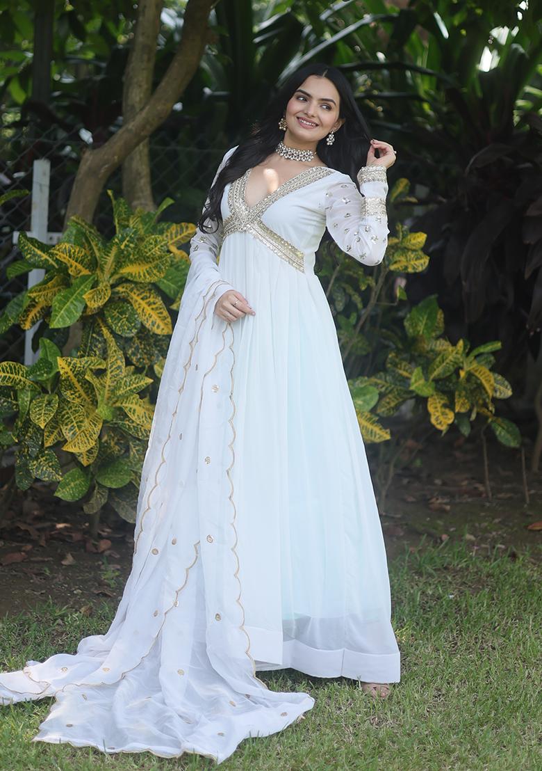 White Zari Sequin Embroidered Faux Blooming Anarkali Set