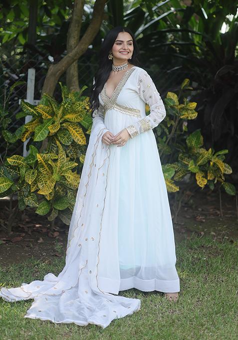 White Zari Sequin Embroidered Faux Blooming Anarkali Set