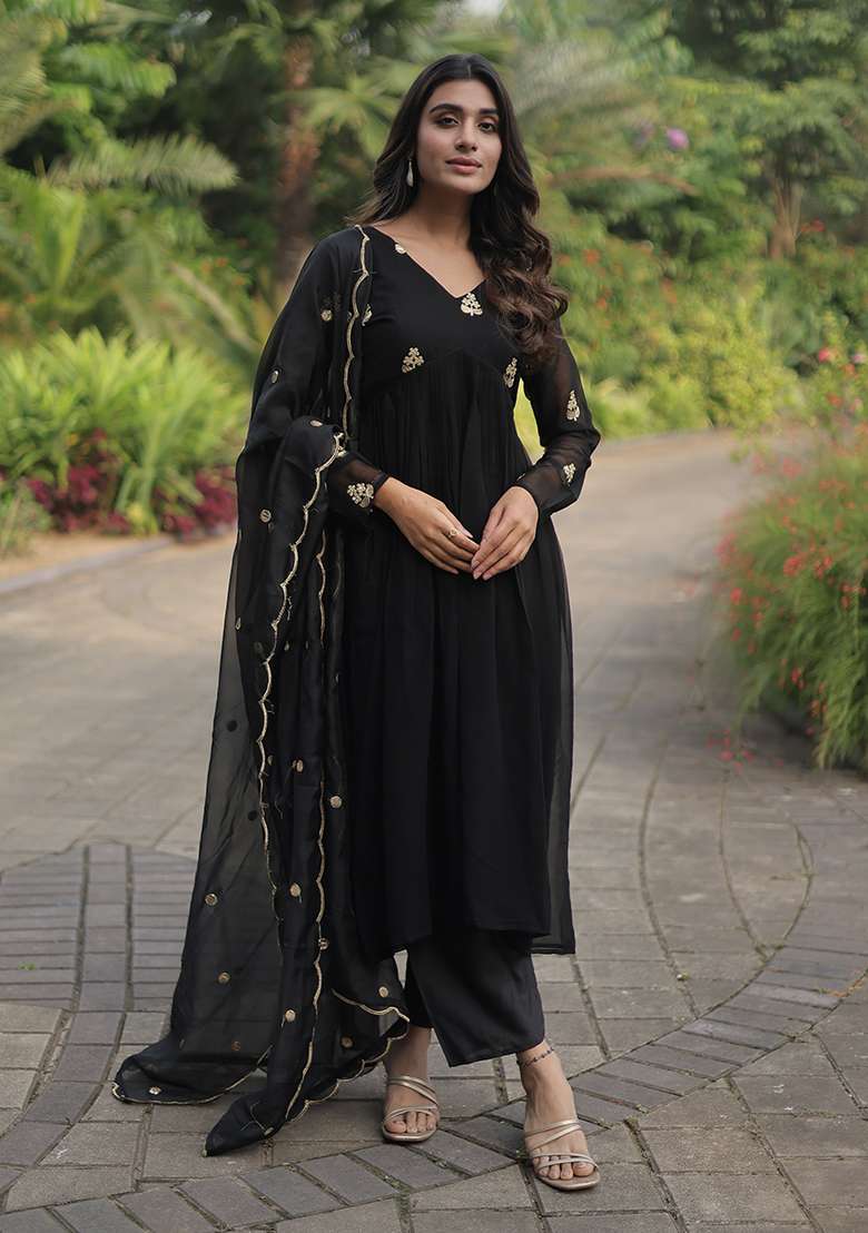 Black Embroidered Faux Blooming Straight Kurta Set - Indya