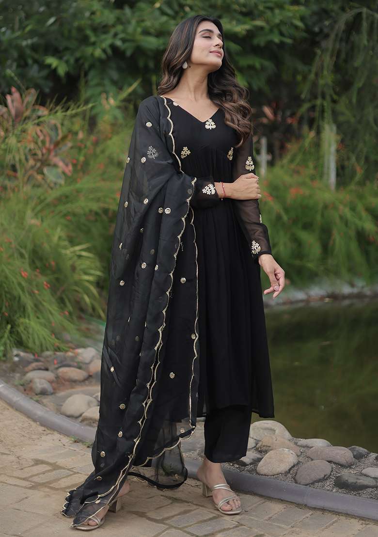 Black Embroidered Faux Blooming Straight Kurta Set - Indya
