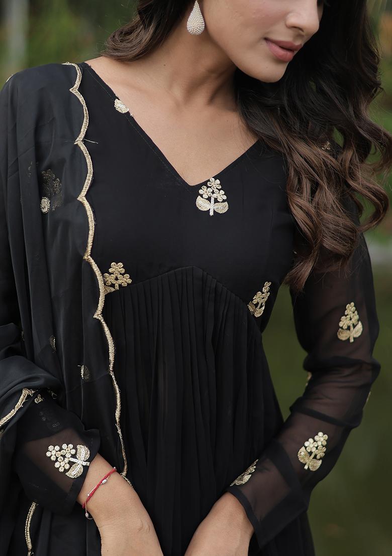 Black Embroidered Faux Blooming Anarkali Set