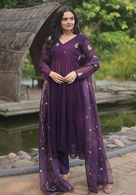 Purple Embroidered Faux Blooming Anarkali Set