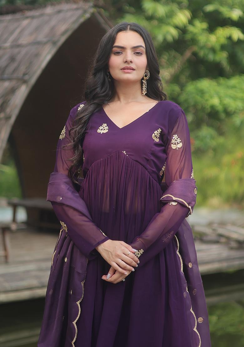 Purple Embroidered Faux Blooming Anarkali Set