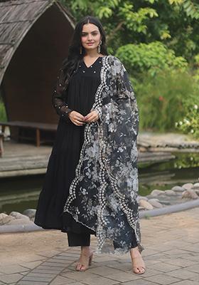 Black Embroidered Faux Blooming Anarkali Set
