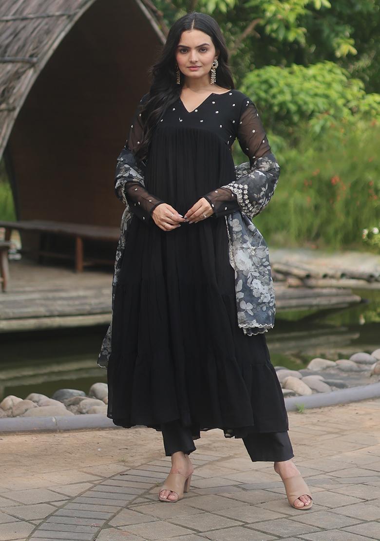 Black Embroidered Faux Blooming Anarkali Set