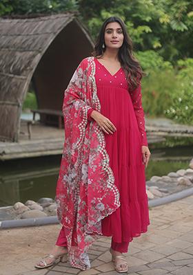 Pink Embroidered Faux Blooming Anarkali Set