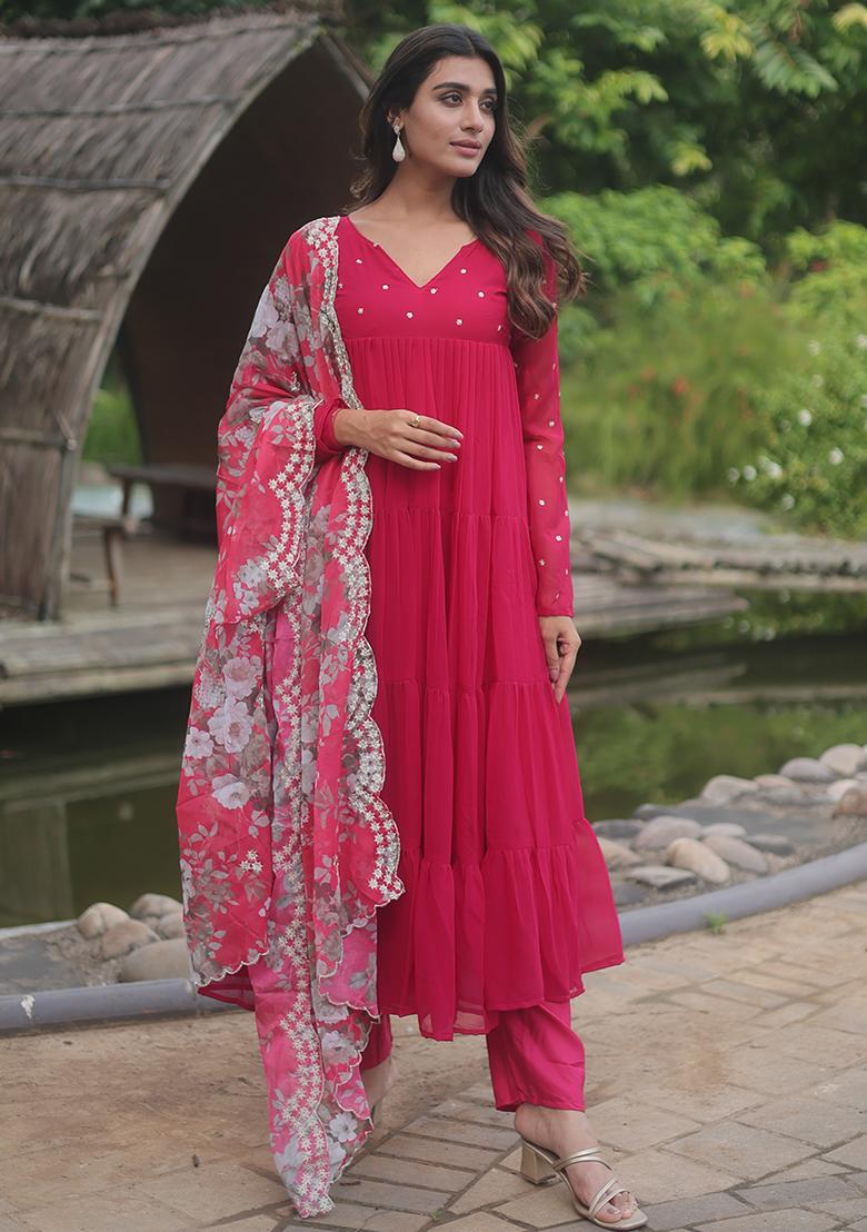 Pink Embroidered Faux Blooming Anarkali Set