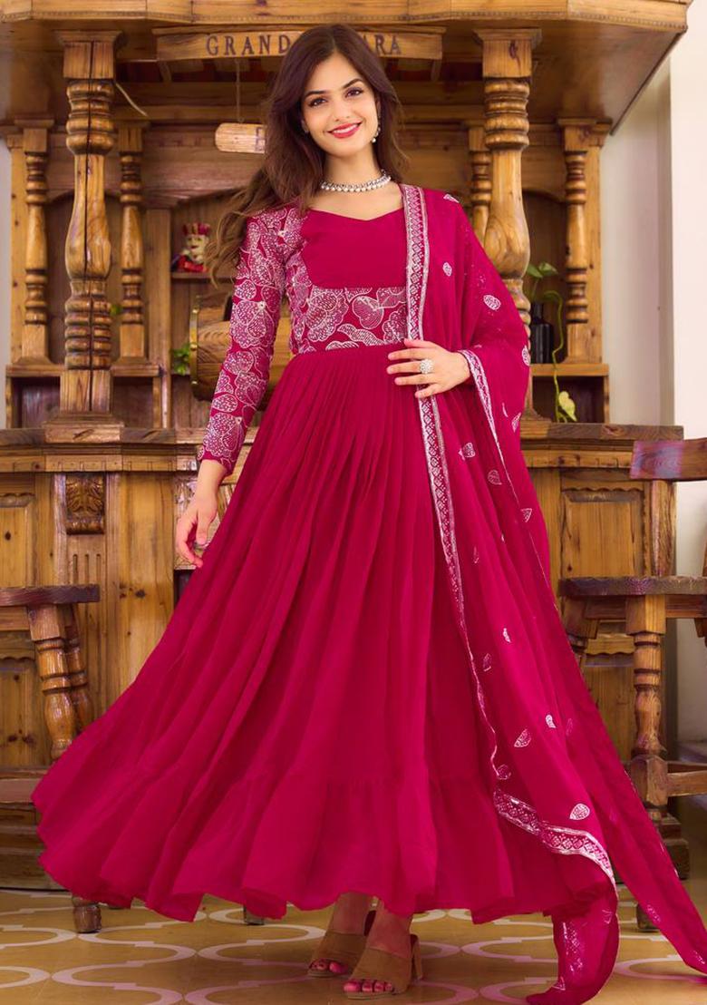 Magenta Sequin Embroidered Faux Georgette Anarkali Set