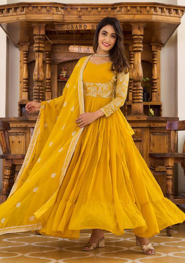 Mustard Sequin Embroidered Faux Georgette Anarkali Set