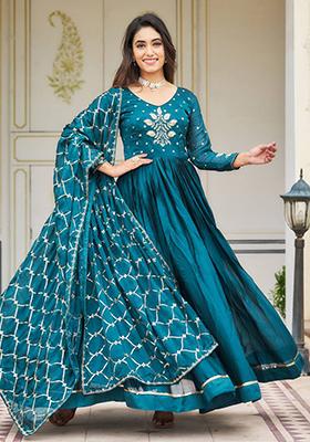 Turquoise Sequin Embroidered Rangoli Silk Anarkali Set