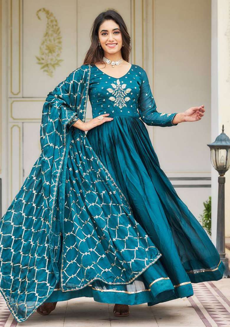 Turquoise Sequin Embroidered Rangoli Silk Anarkali With Dupatta - Indya