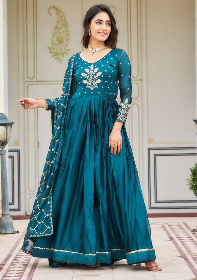 Turquoise Sequin Embroidered Rangoli Silk Anarkali Set