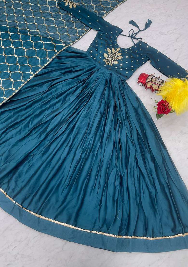 Turquoise Sequin Embroidered Rangoli Silk Anarkali With Dupatta - Indya