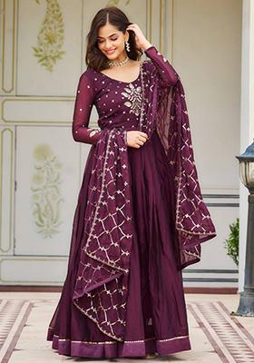 Wine Sequin Embroidered Rangoli Silk Anarkali Set
