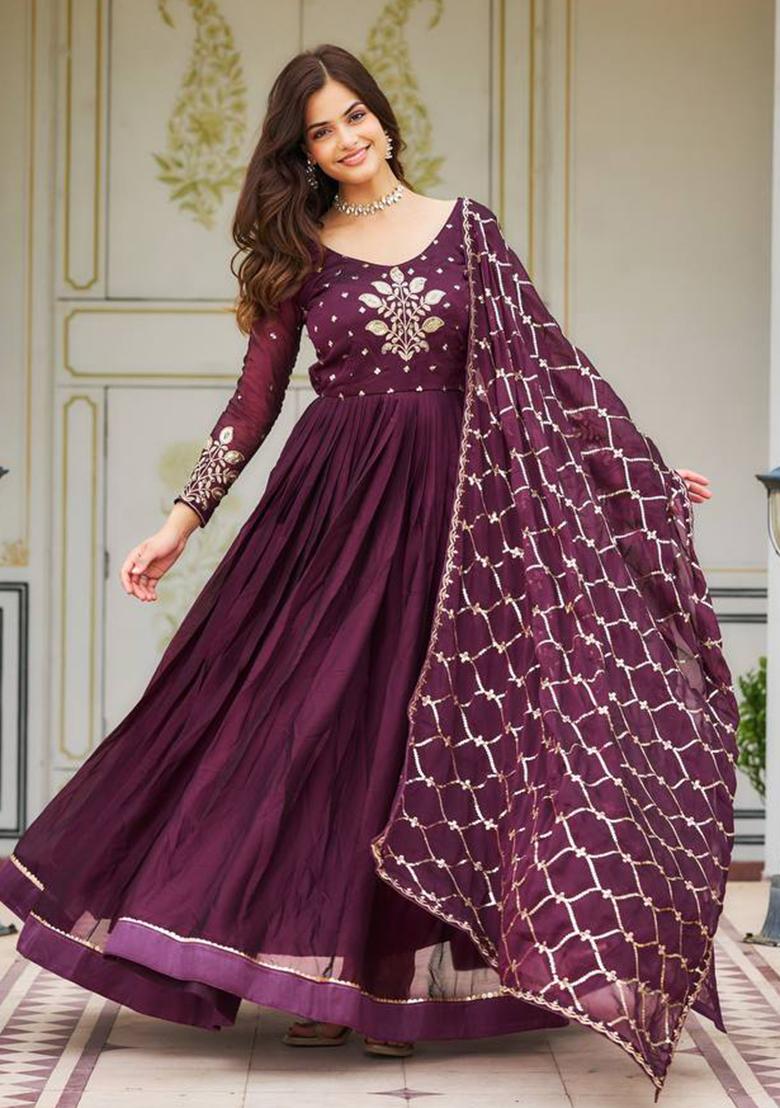 Wine Sequin Embroidered Rangoli Silk Anarkali Set