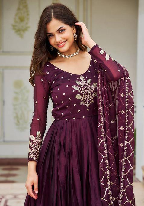 Wine Sequin Embroidered Rangoli Silk Anarkali Set
