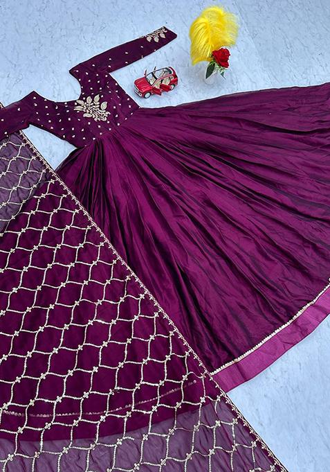 Wine Sequin Embroidered Rangoli Silk Anarkali Set