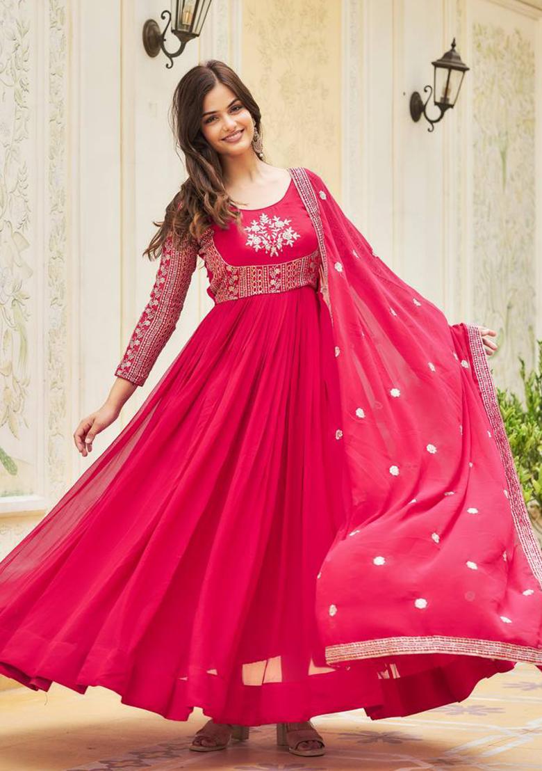 Pink Sequin Embroidered Faux Georgette Anarkali Set