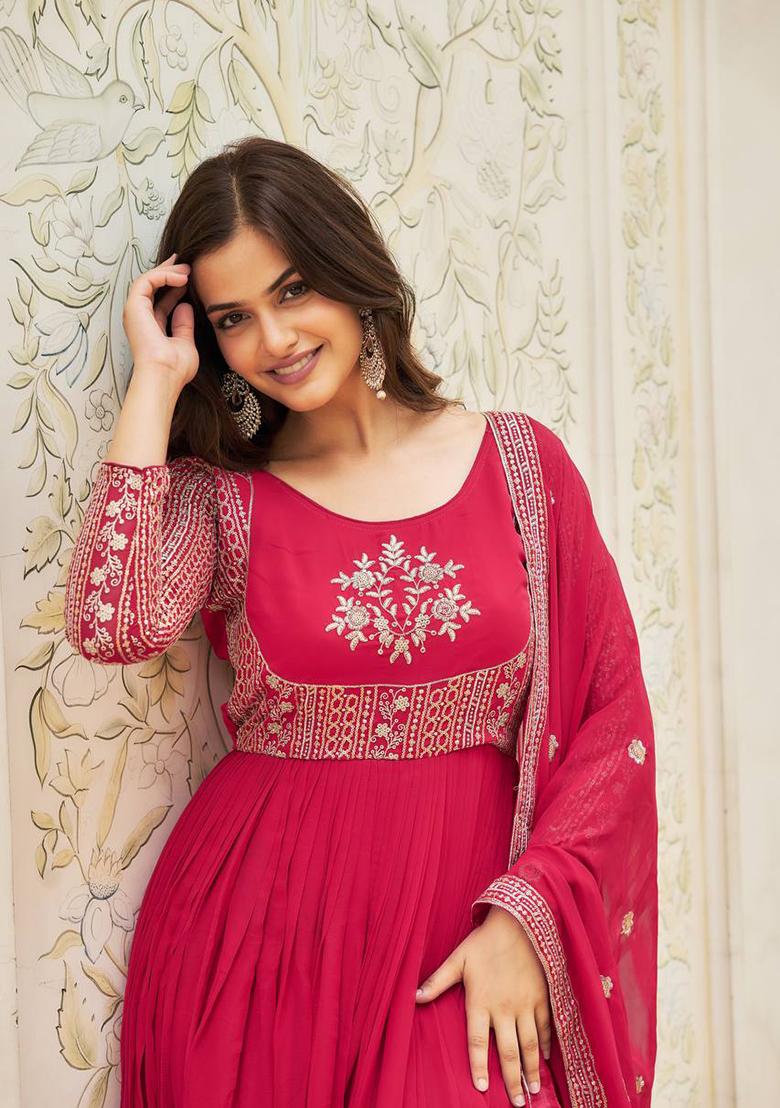 Pink Sequin Embroidered Faux Georgette Anarkali Set