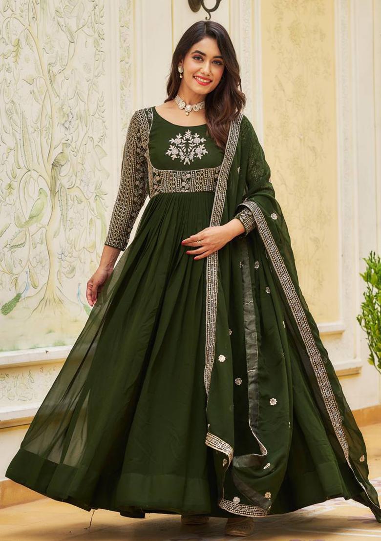 Mehendi Sequin Embroidered Faux Georgette Anarkali Set