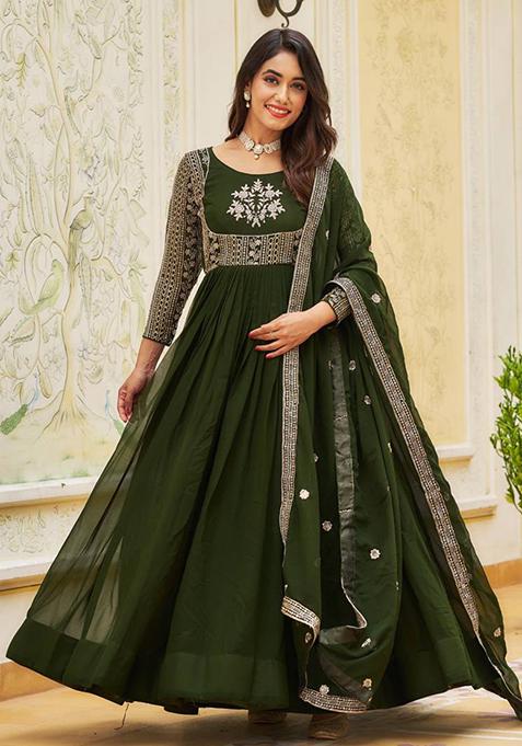 Mehendi Sequin Embroidered Faux Georgette Anarkali Set