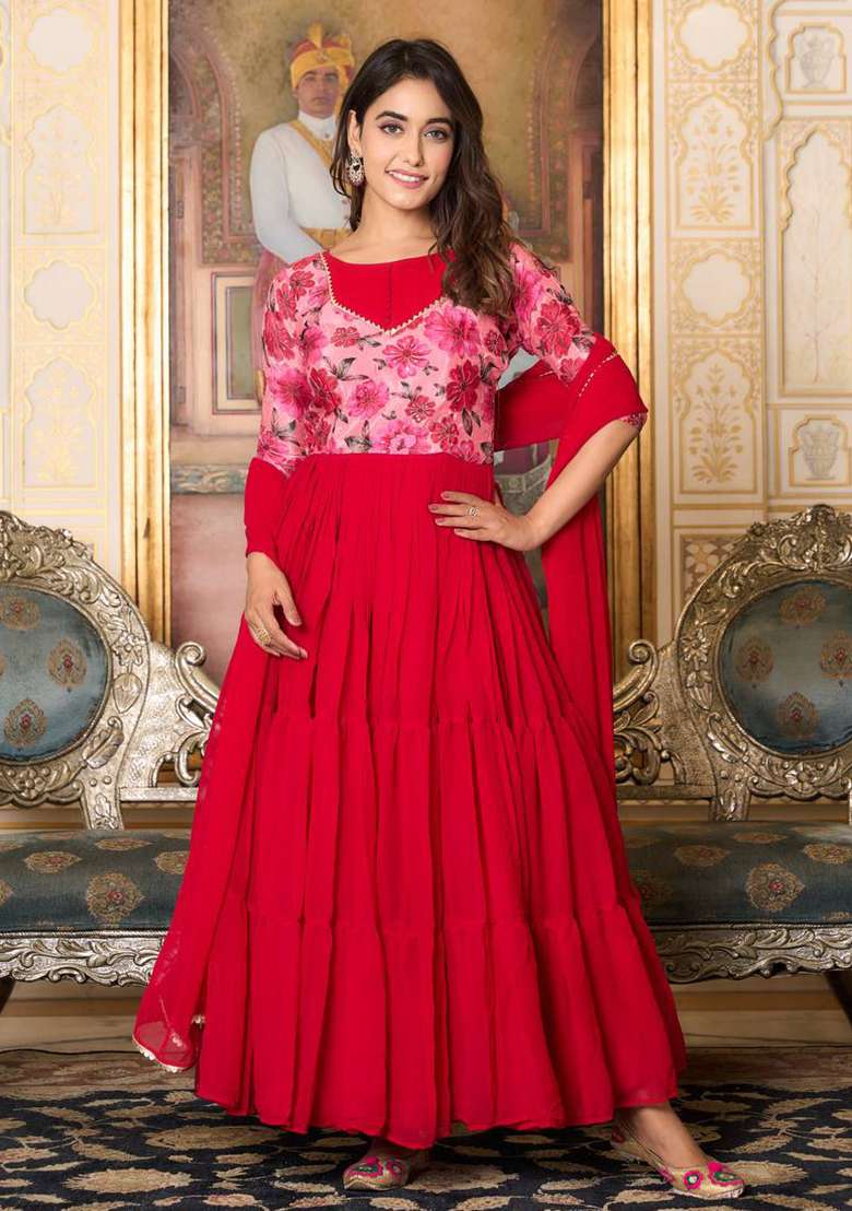 Red Printed Faux Georgette Anarkali With Dupatta - Indya