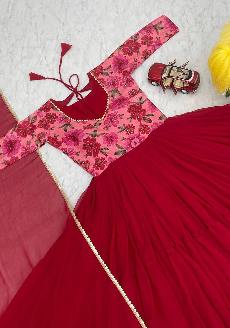 Red Printed Faux Georgette Anarkali Set