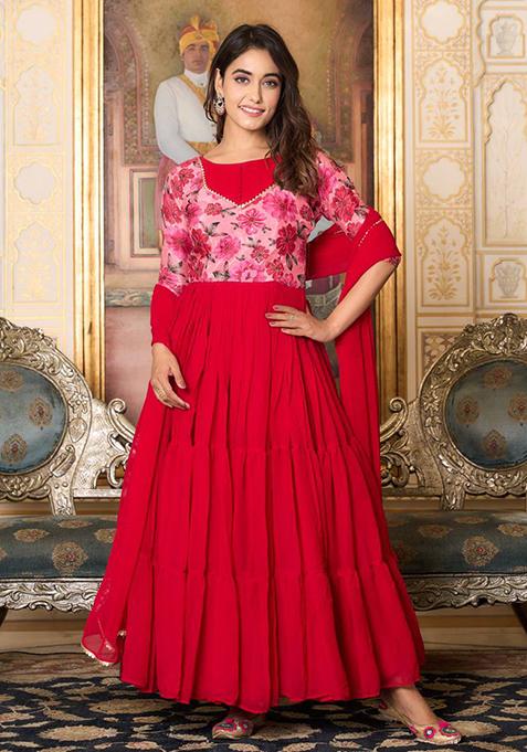 Red Printed Faux Georgette Anarkali Set
