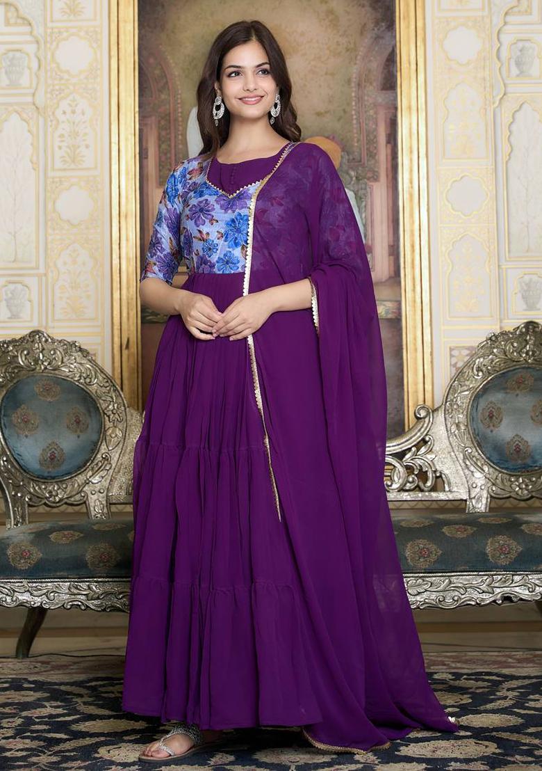 Wine Printed Faux Georgette Anarkali Set