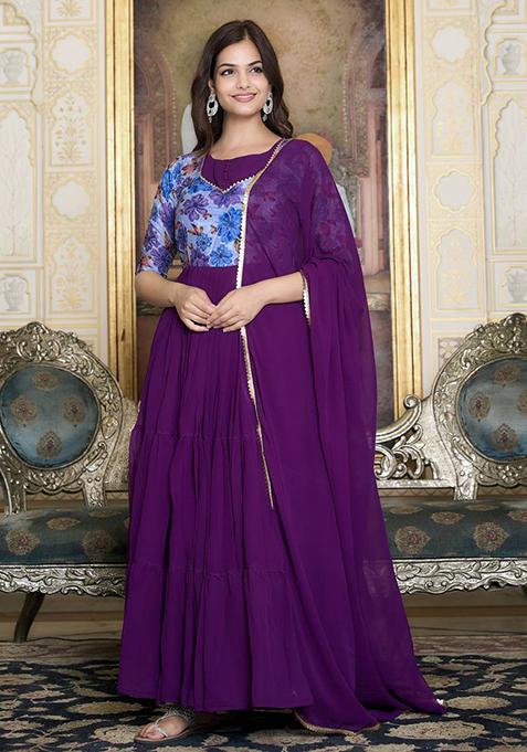 Wine Georgette Chikankari Embroidery Anarkali Kurta and Dupatta Set