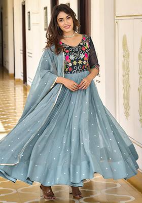 Sky Blue Sequin Embroidered Shimmer Anarkali Set