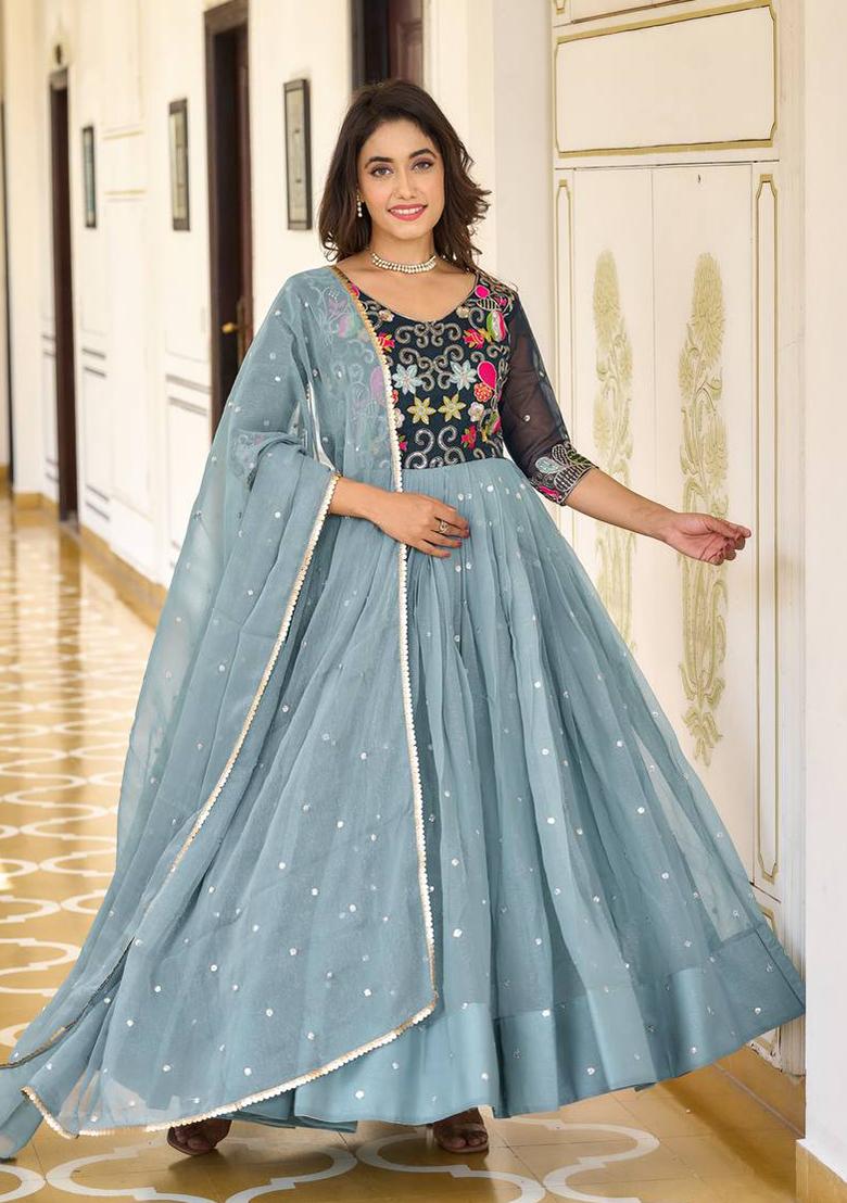 Sky Blue Sequin Embroidered Shimmer Anarkali Set