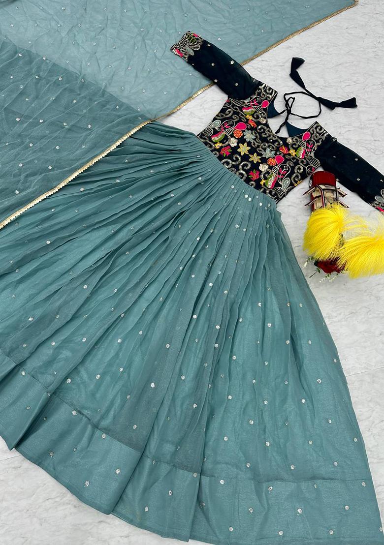 Sky Blue Sequin Embroidered Shimmer Anarkali Set