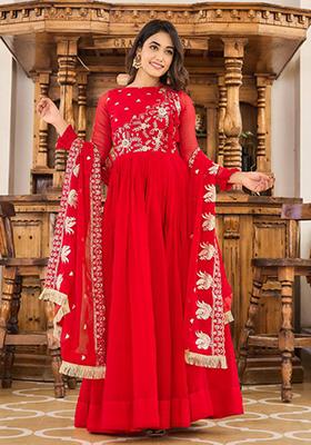 Red Sequin Embroidered Faux Georgette Anarkali Set