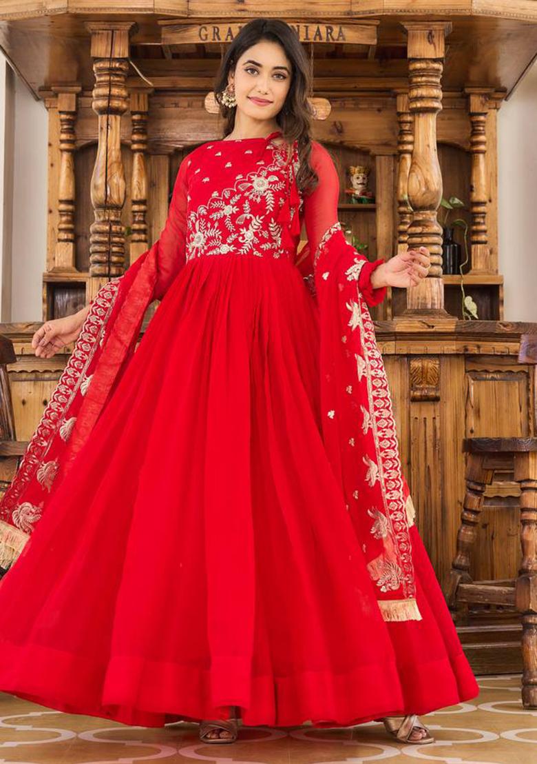 Red Sequin Embroidered Faux Georgette Anarkali Set