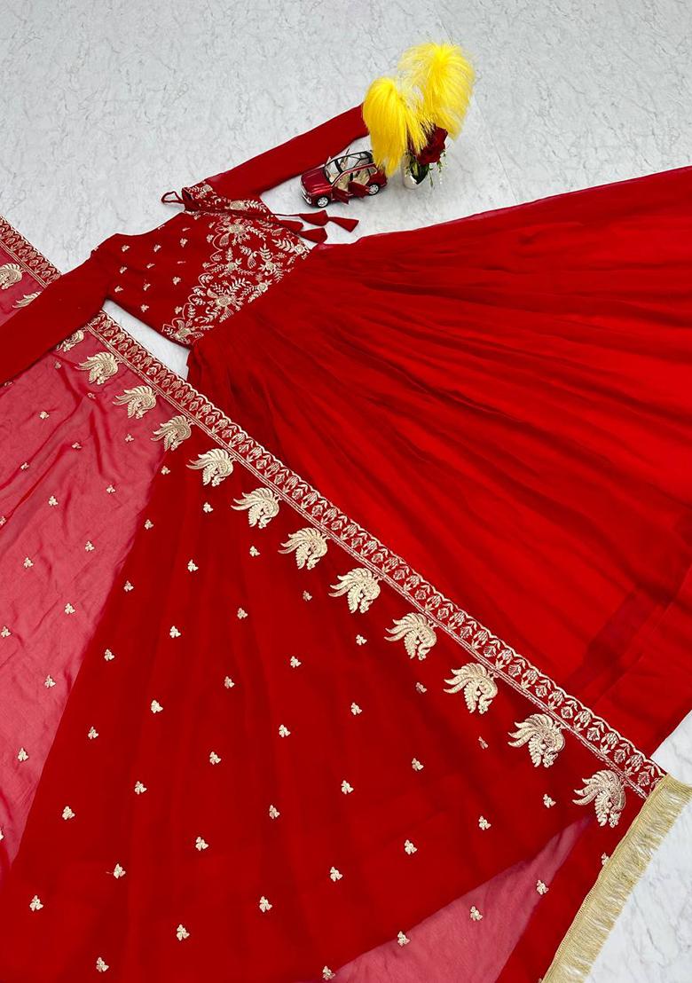 Red Sequin Embroidered Faux Georgette Anarkali Set