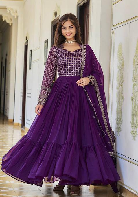 Purple Sequin Embroidered Faux Georgette Anarkali Set
