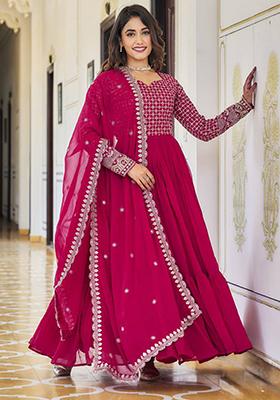 Magenta Sequin Embroidered Faux Georgette Anarkali Set