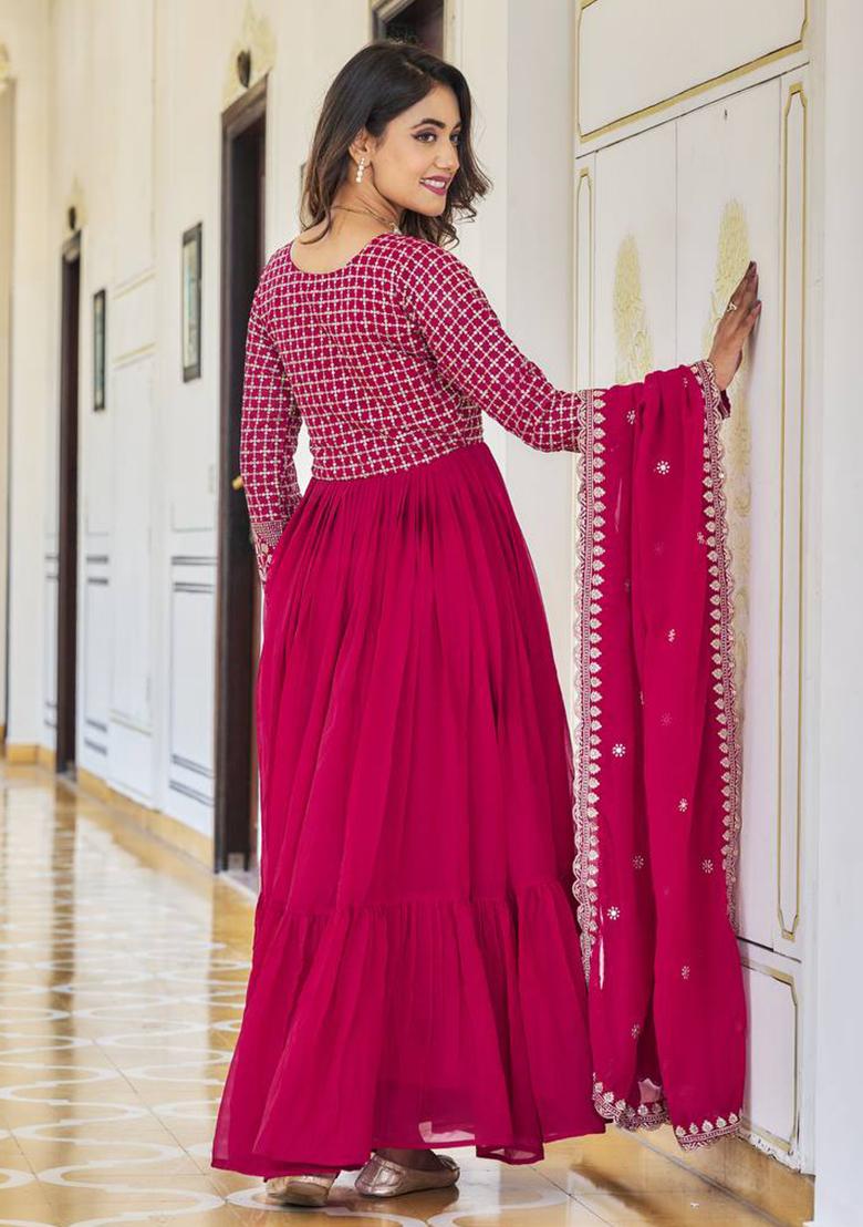 Magenta Sequin Embroidered Faux Georgette Anarkali Set