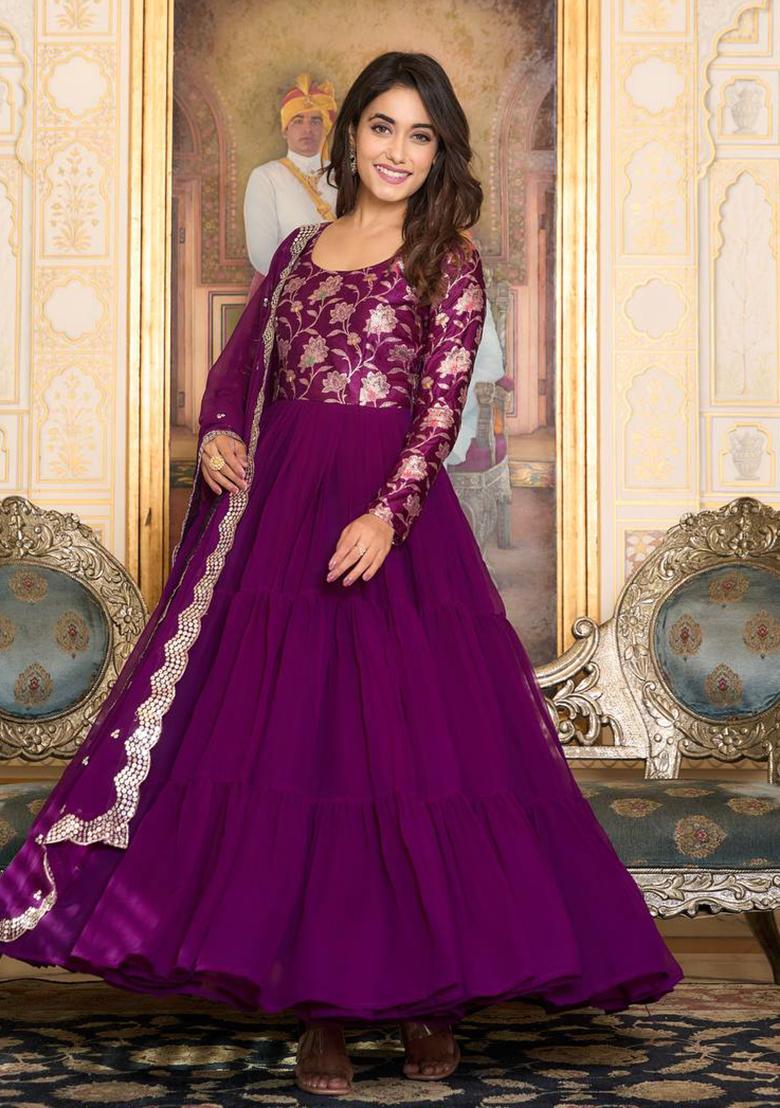 Wine Jacquard Faux Georgette Anarkali Set
