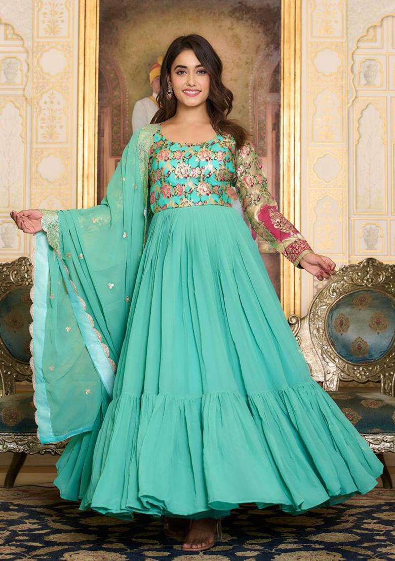 Sea Green Jacquard Faux Georgette Anarkali Set