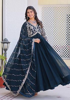 Teal Blue Sequin Embroidered Faux Georgette Anarkali Set