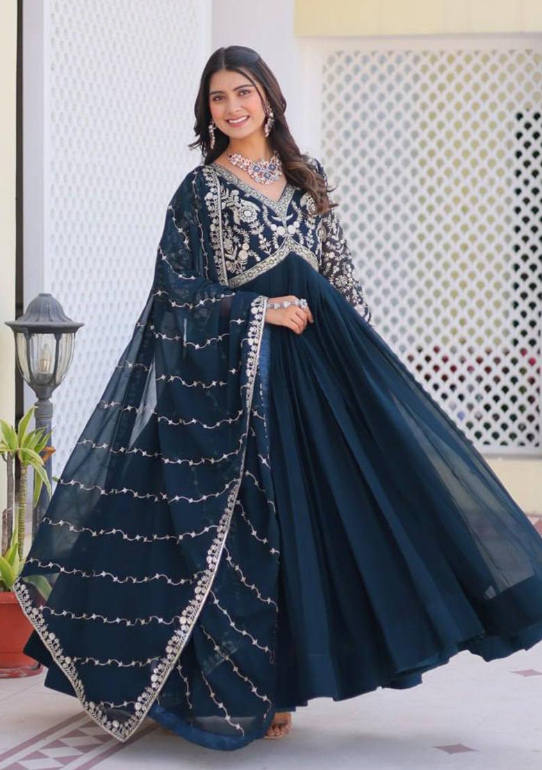 Teal Blue Sequin Embroidered Faux Georgette Anarkali Set With Dupatta