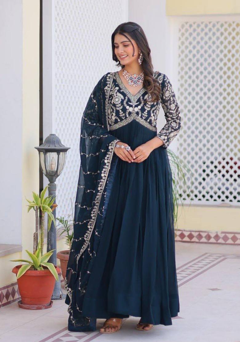 Teal Blue Sequin Embroidered Faux Georgette Anarkali Set With Dupatta