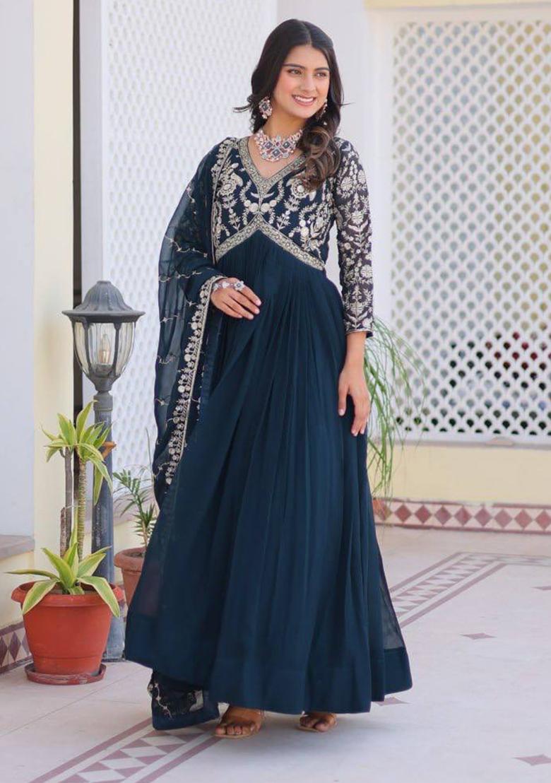 Teal Blue Sequin Embroidered Faux Georgette Anarkali Set With Dupatta