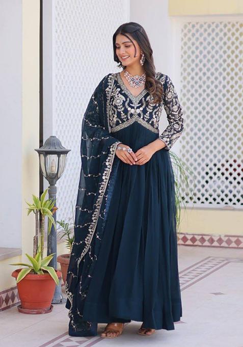 Teal Blue Sequin Embroidered Faux Georgette Anarkali Set With Dupatta